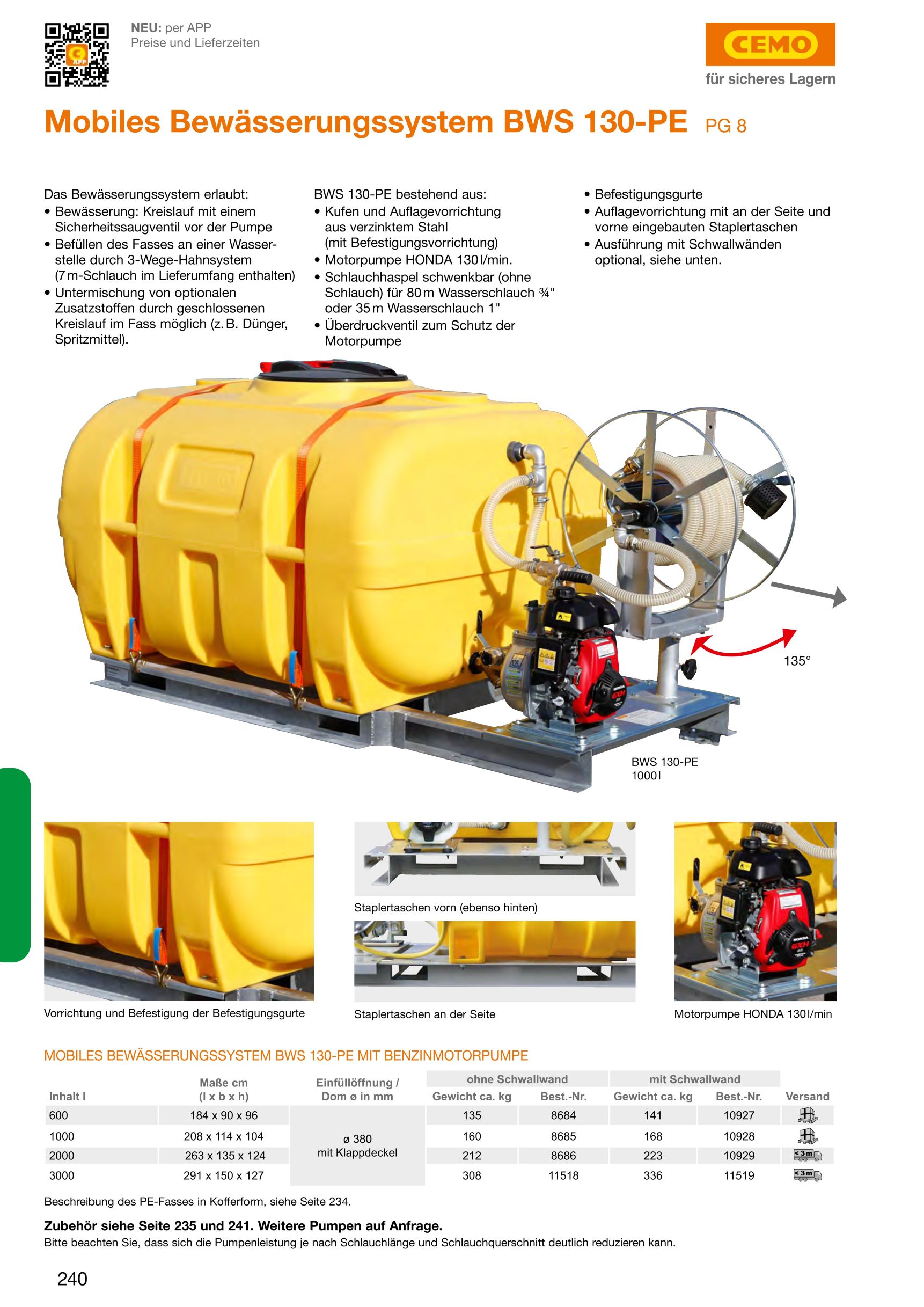 CEMO Mobiles Bewässerungssystem BWS 130-PE, 1000 l, Motorpumpe, Schwallwände - 10928