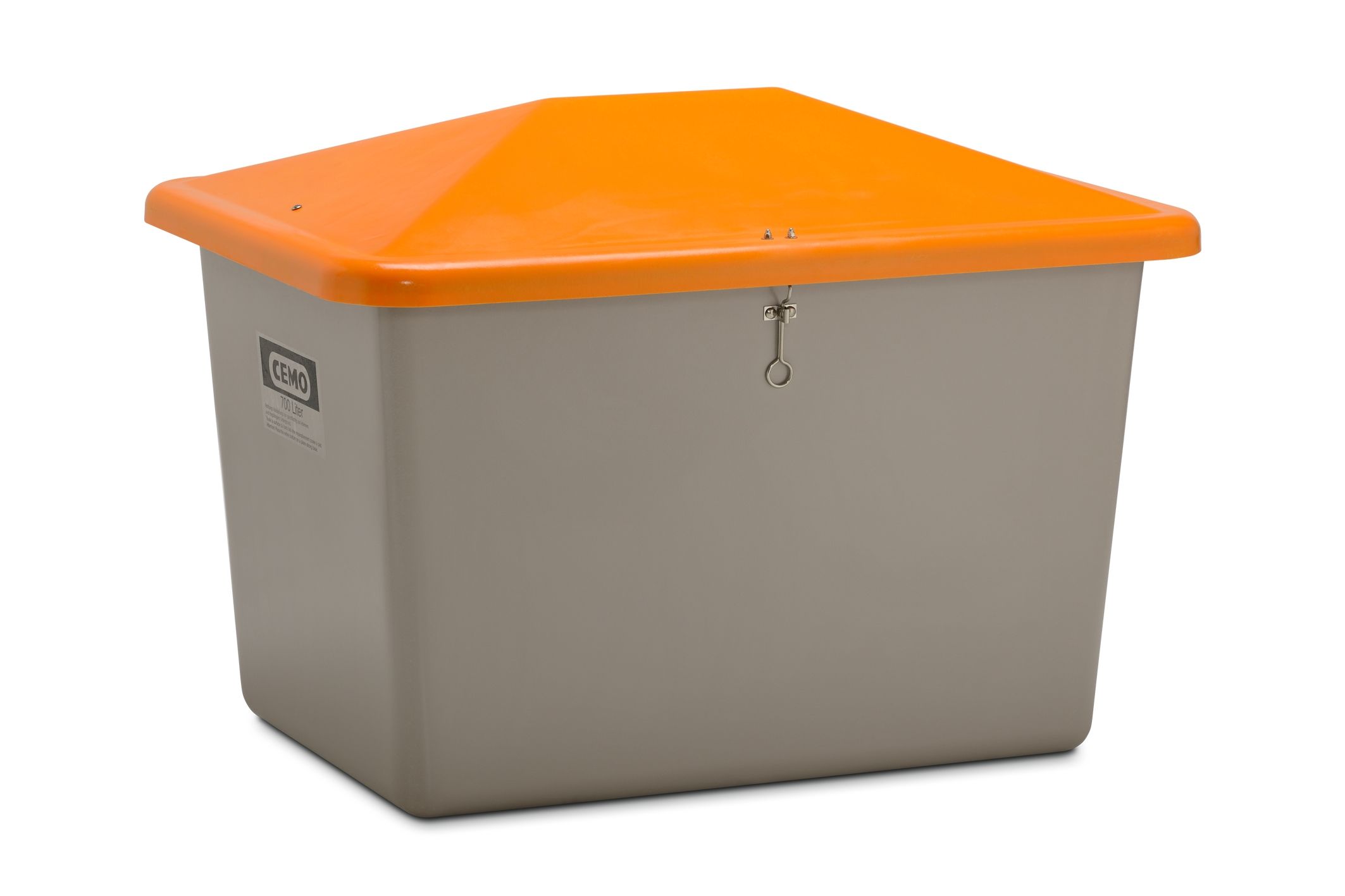 CEMO Streugutbehälter "V" 700 l, grau/orange, mit Vandalismusdeckel - 10898