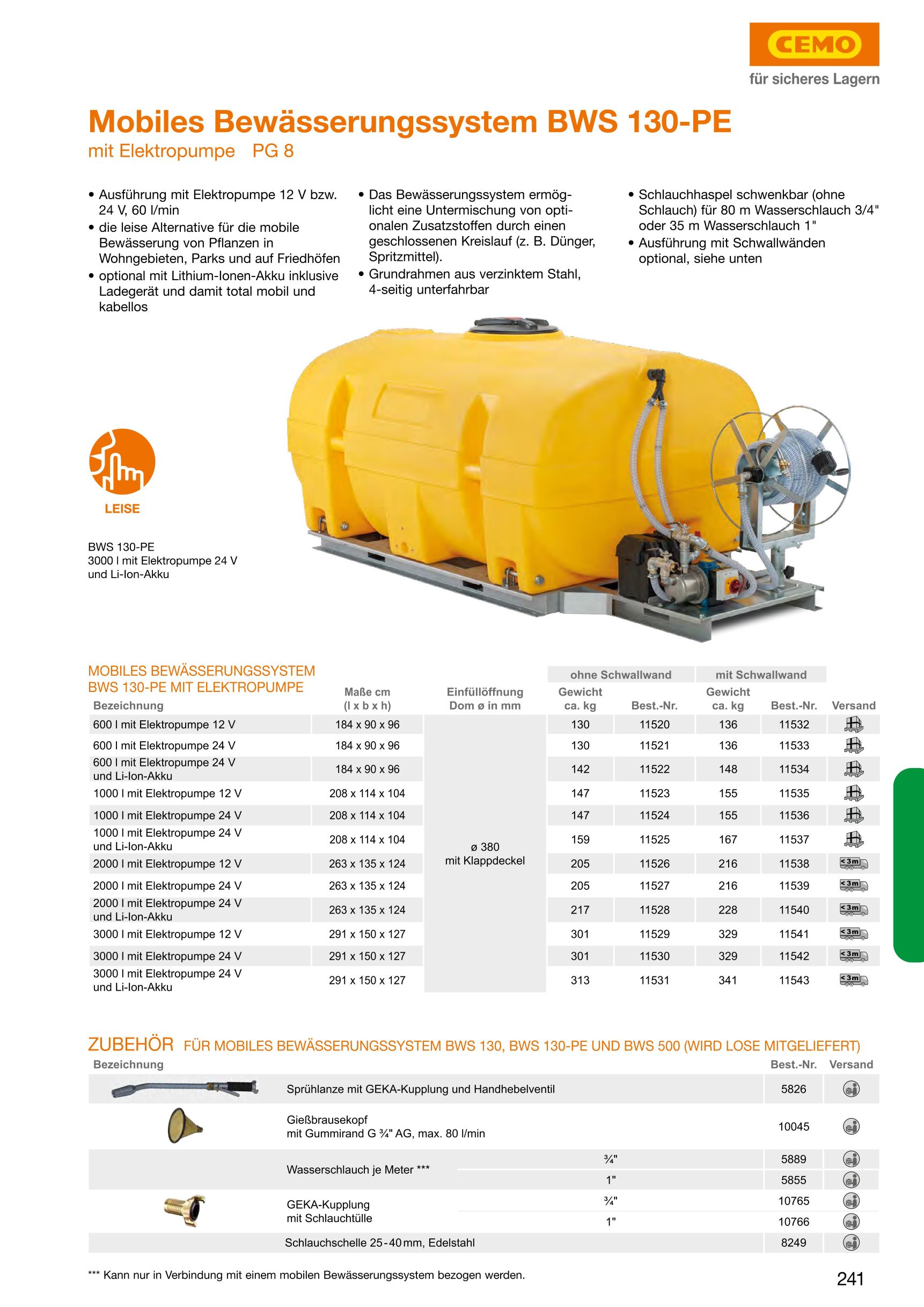 CEMO Mobiles Bewässerungssystem BWS 130-PE, 2000 l, 24 V Pumpe, Schwallwände - 11539